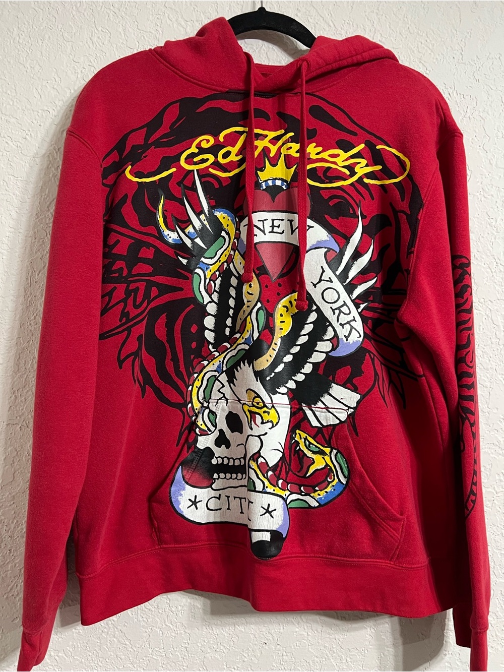 Ed Hardy Red Pullover Hoodie with Skull & Eagle Graphic